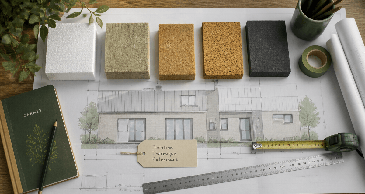 Meilleur isolant exterieur échantillons sur plan d'architecte