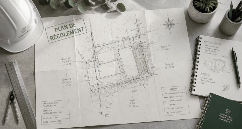 plan de récolement sur bureau d'ingénieur après chantier