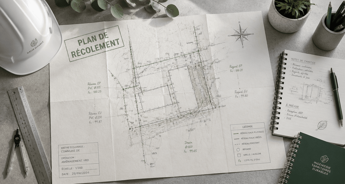 plan de récolement sur bureau d'ingénieur après chantier