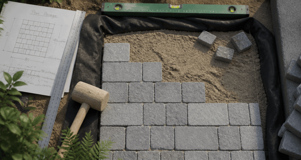 pose pavage dalle gris outils