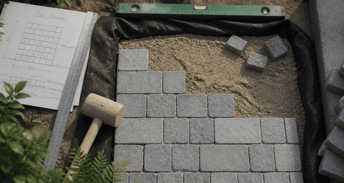 pose pavage dalle gris outils