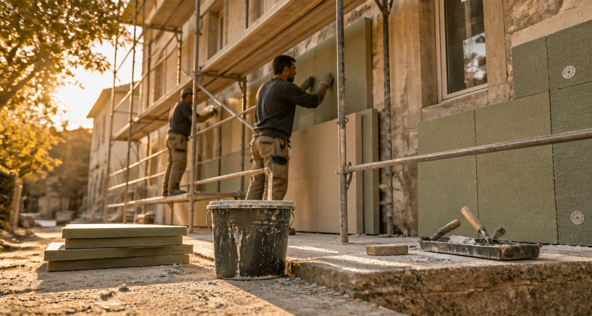 Ravalement ITE sur façade maison ancienne avec échafaudages