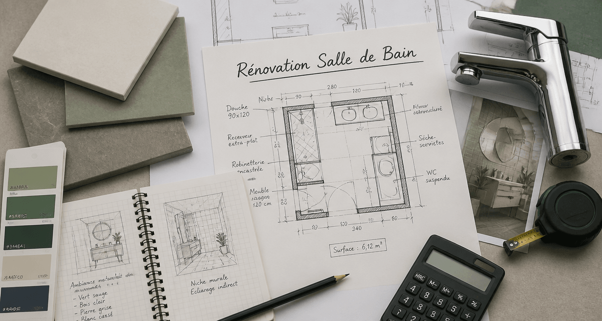 Renover une salle de bain plan architecte échantillons matériaux