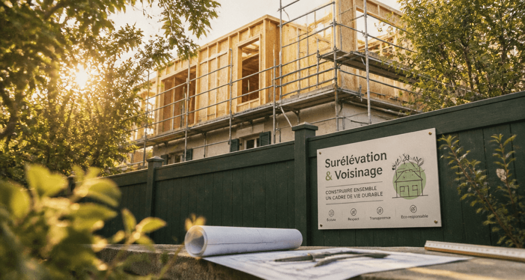 Surélévation maison et voisinage, vue chantier depuis jardin voisin