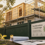 Surélévation maison et voisinage, vue chantier depuis jardin voisin