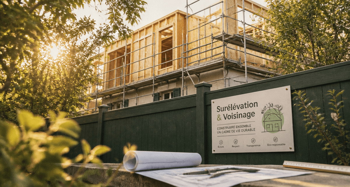 Surélévation maison et voisinage, vue chantier depuis jardin voisin