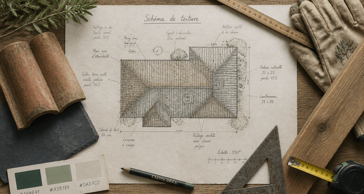 toiture schéma plan annoté sur bureau d’architecte