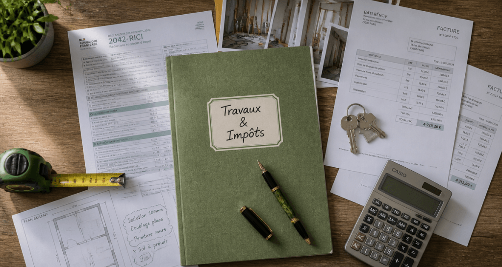Travaux maison impots sur table avec documents fiscaux