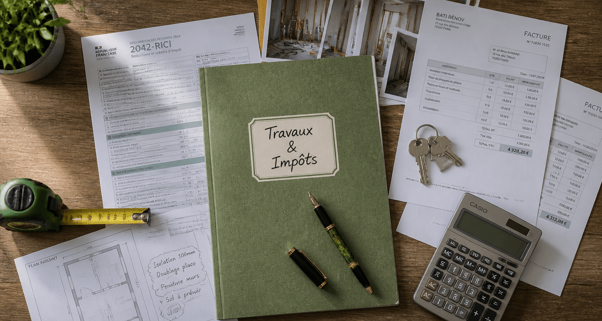 Travaux maison impots sur table avec documents fiscaux