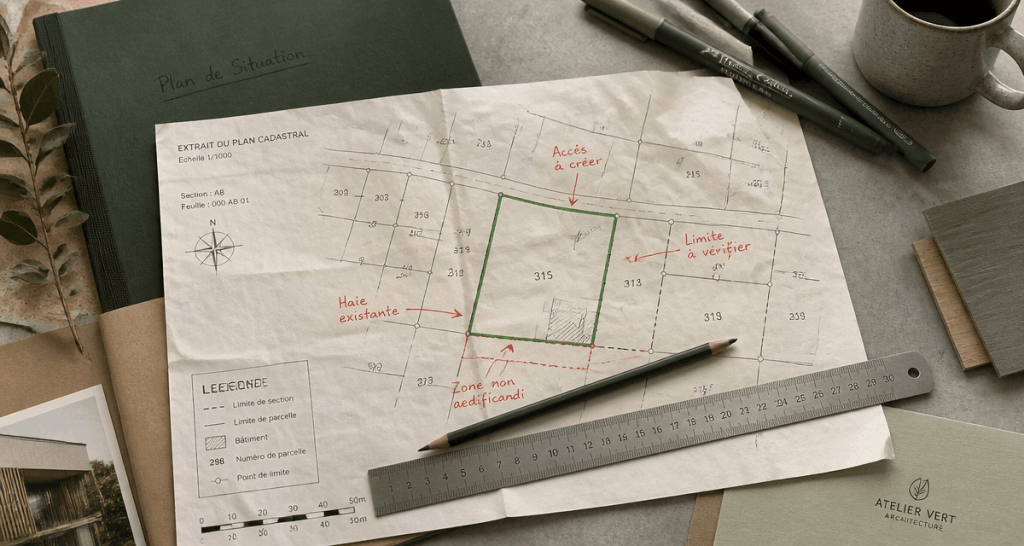 un plan de situation du terrain annoté sur bureau