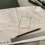 un plan de situation du terrain annoté sur bureau