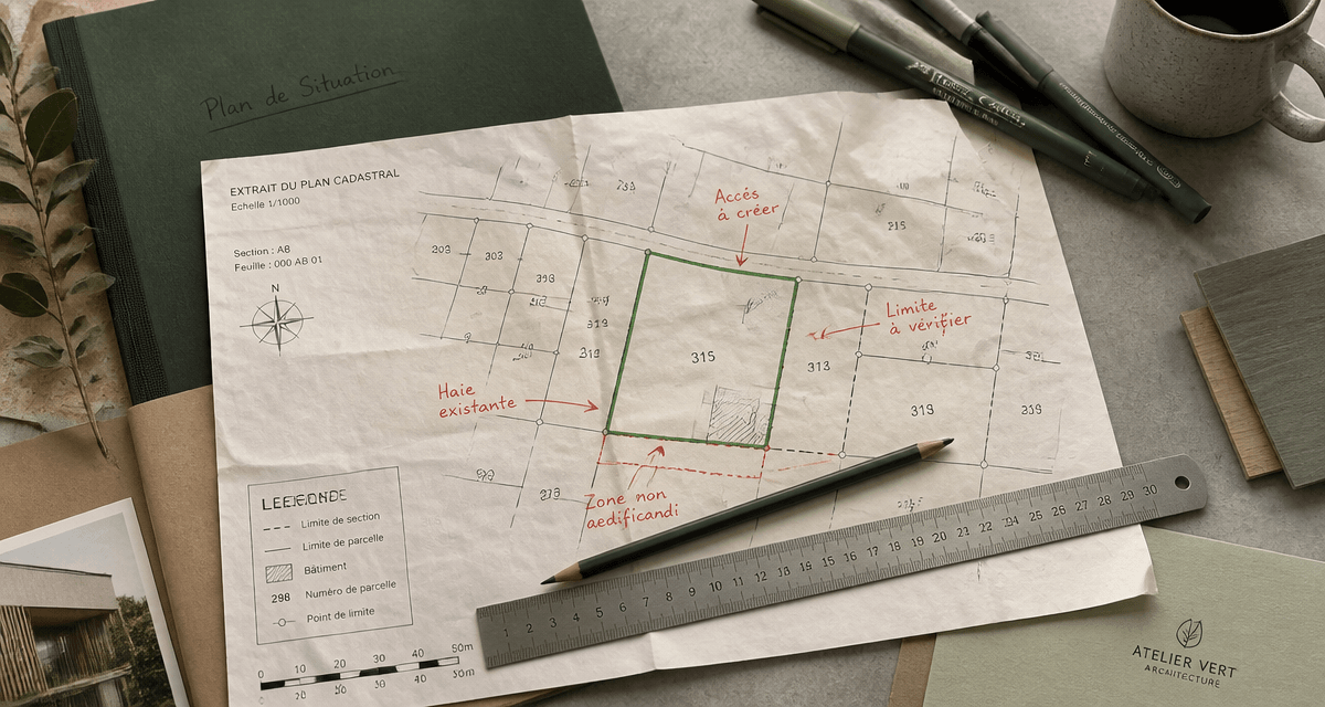un plan de situation du terrain annoté sur bureau