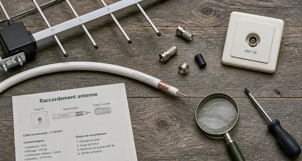 Branchement antenne tv rateau : câble coaxial vers prise ANT IN
