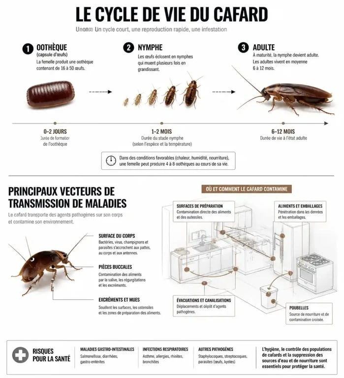 Infographie sur le cycle de vie et les risques sanitaires liés à la présence de cafards dans la maison