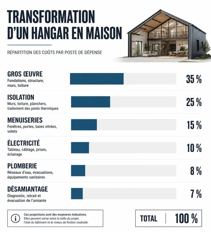 Répartition des coûts pour un projet de hangar aménagé en maison