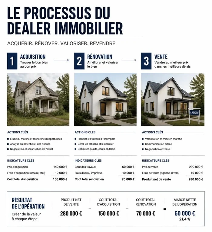 Infographie des étapes pour devenir marchand de biens et réussir son opération immobilière