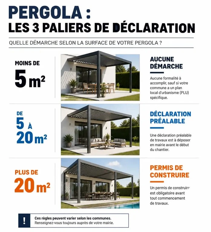 Infographie récapitulative des démarches administratives pour installer une pergola démontable sans autorisation selon la surface