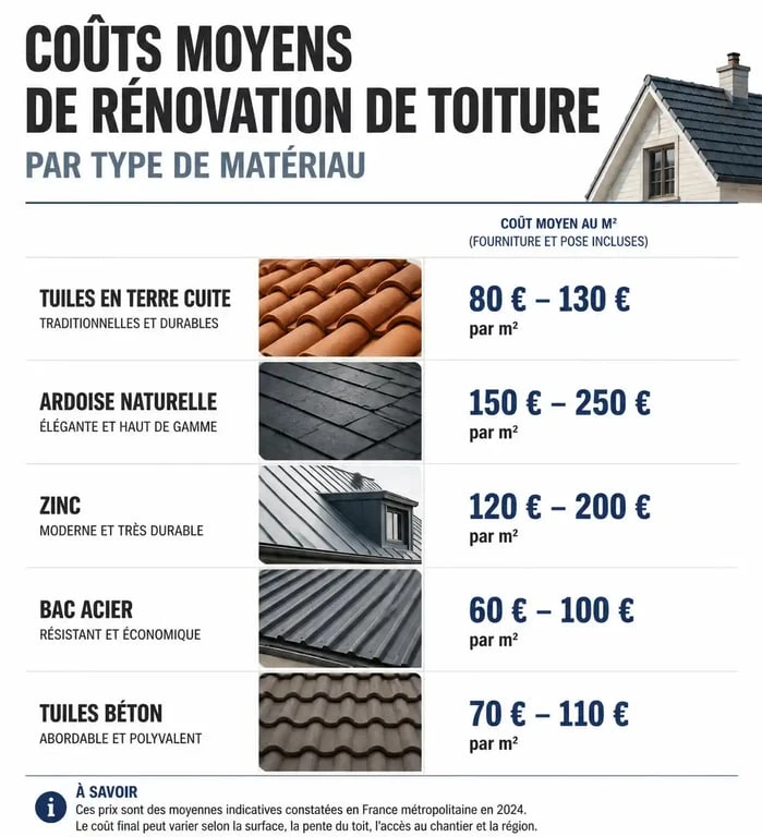 Infographie des coûts moyens pour une toiture à refaire selon le matériau et le type de travaux