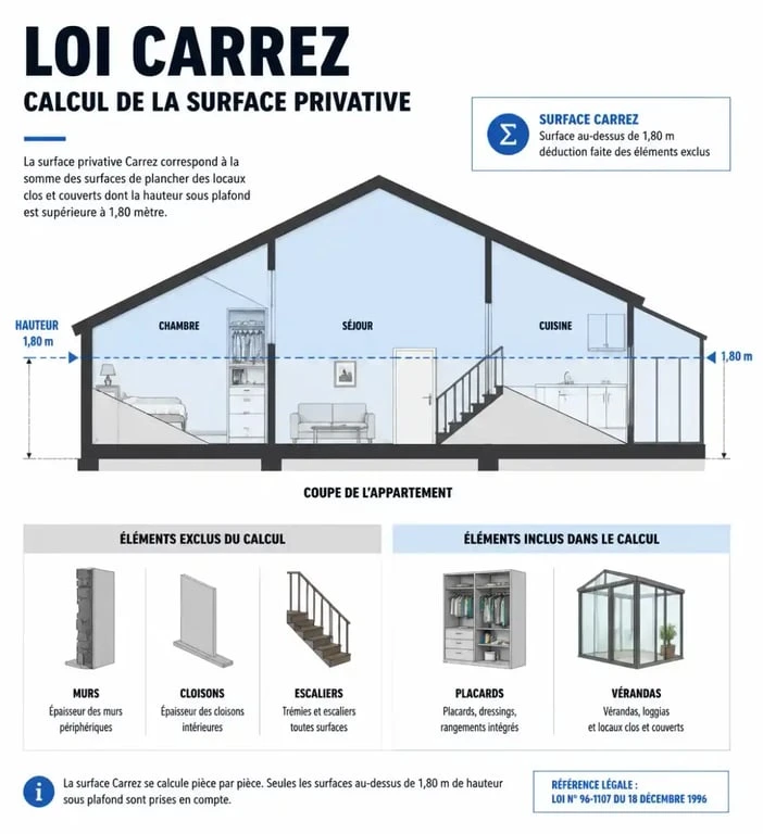 Schéma explicatif du calcul de la surface privative loi Carrez avec seuil de hauteur sous plafond de 1,80 mètre