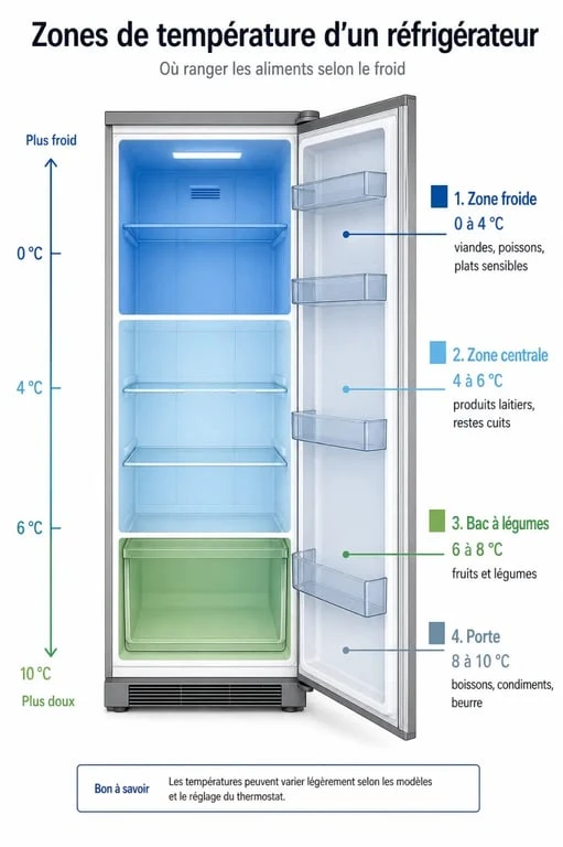 Infographie des zones de température d'un réfrigérateur pour un réglage optimal du thermostat frigo