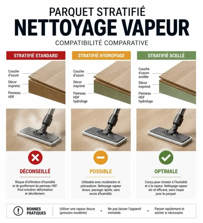 Infographie comparative de la compatibilité des parquets stratifiés avec un nettoyeur vapeur