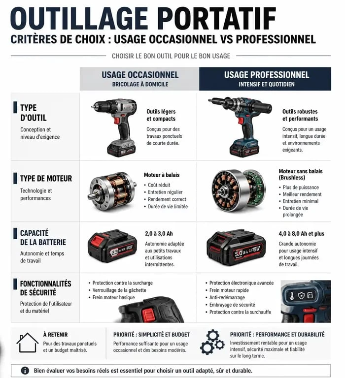 Infographie comparative des critères de choix pour l'outillage portatif professionnel et domestique