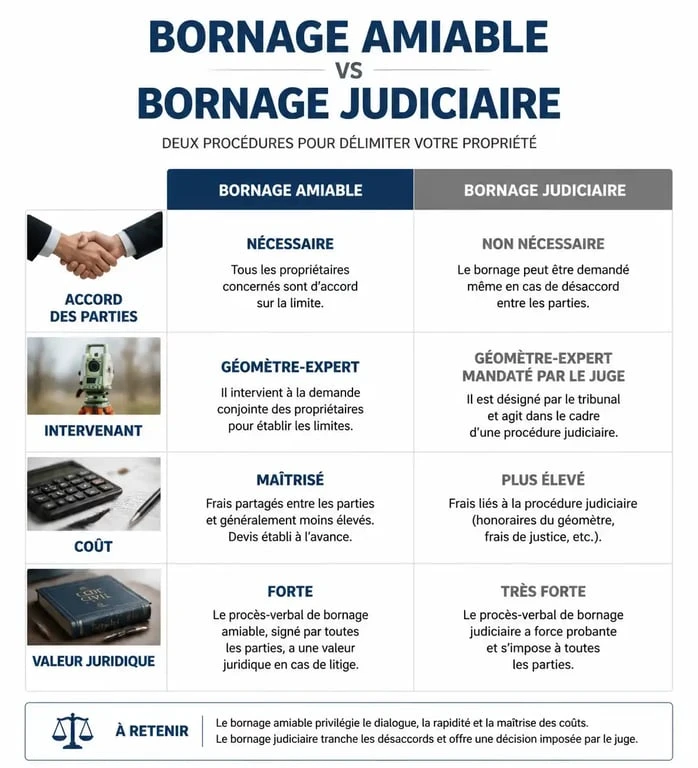 Comparatif entre bornage amiable et bornage judiciaire réalisé par un géomètre-expert