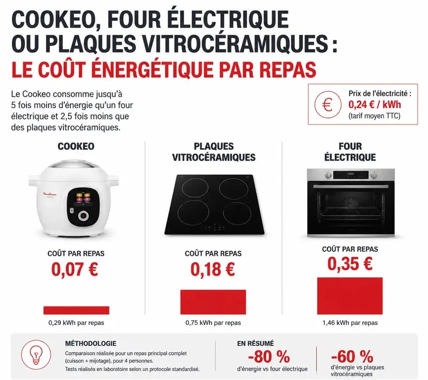 Comparatif visuel de la consommation électrique et du coût par repas entre un Cookeo, un four et des plaques de cuisson