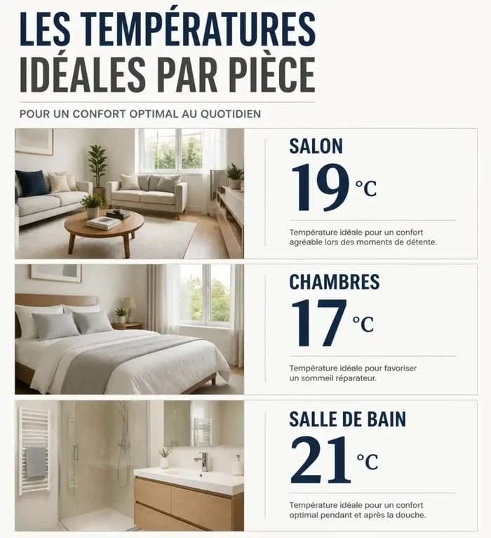 Infographie des températures recommandées pour régler un radiateur électrique par pièce