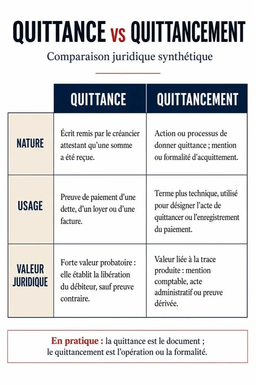 Infographie comparative entre la quittance et le quittancement pour comprendre leurs différences juridiques