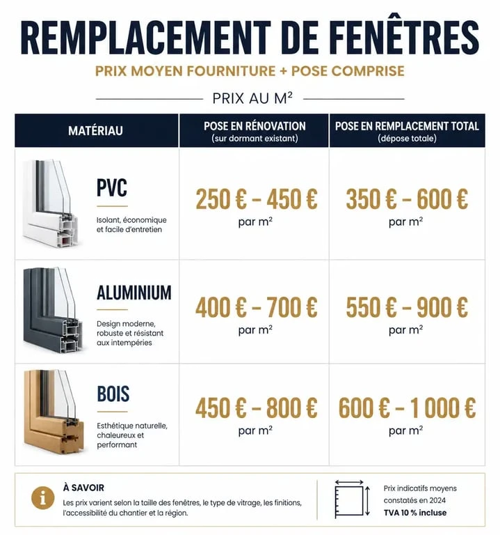 Infographie comparative des prix de remplacement de fenêtre selon le matériau et le type de pose