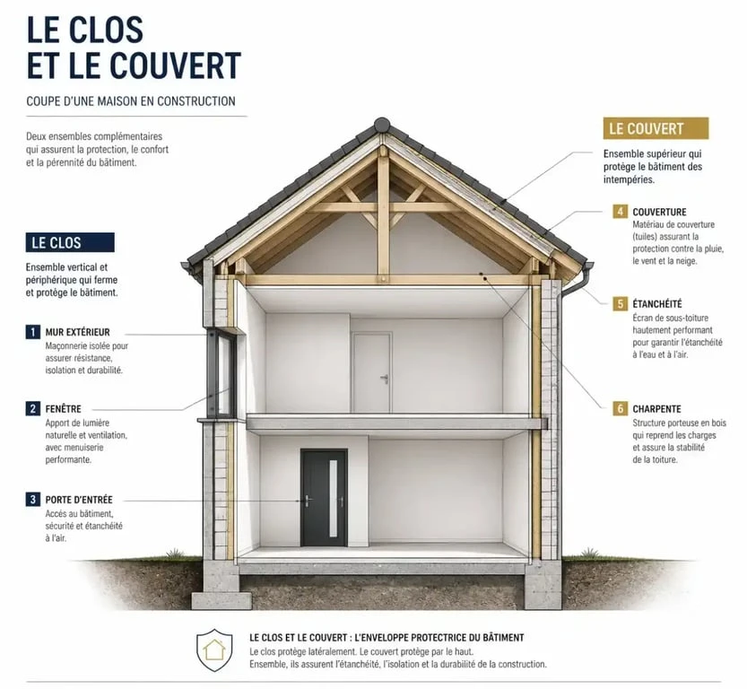 Schéma technique illustrant les éléments du clos et du couvert dans une construction immobilière