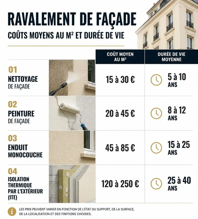 Comparatif des prix au m² et durée de vie pour le ravalement de façade d'une maison de 120m2