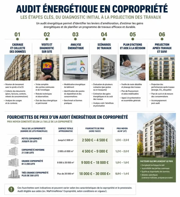 Infographie des étapes et coûts d'un audit énergétique en copropriété