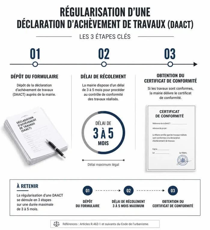 Infographie sur la procédure de régularisation d'un oubli de déclaration d'achèvement de travaux DAACT