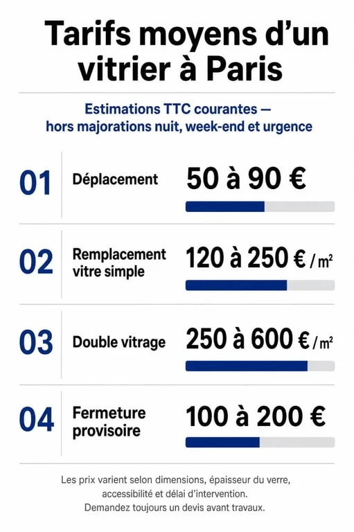 Tarifs moyens d'un vitrier à Paris pour une intervention d'artisan pas cher