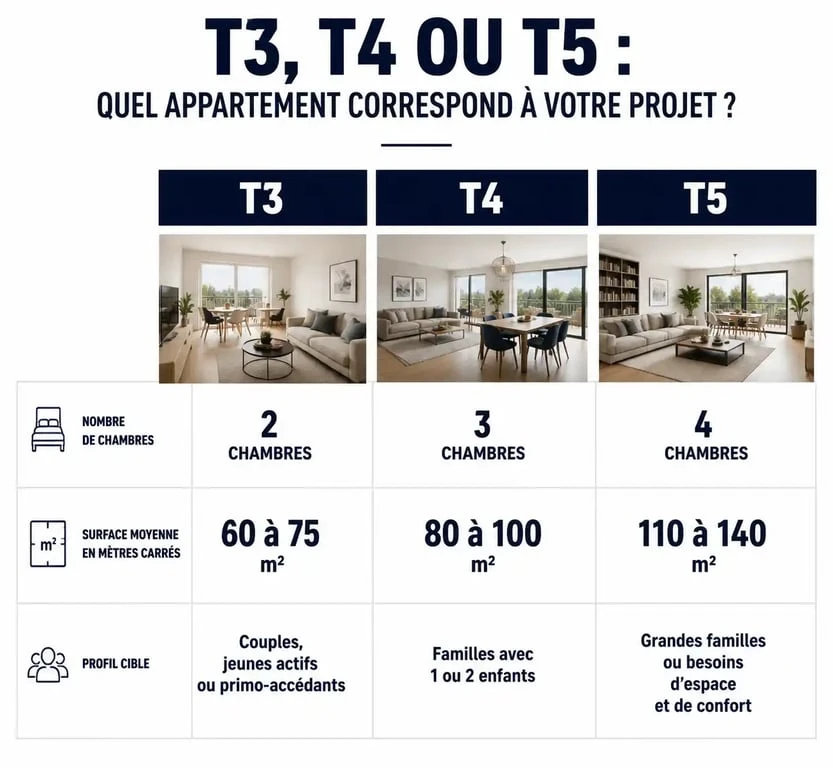 Infographie comparative des surfaces et profils types pour un appartement T3, T4 et T5