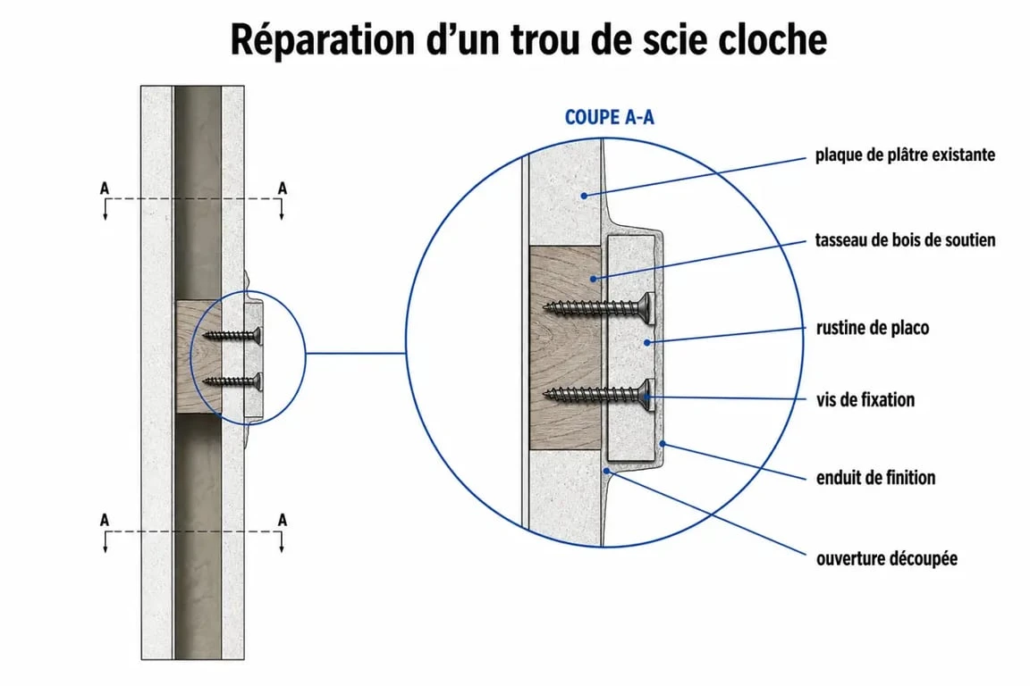Schéma de réparation d'un trou de scie cloche dans une cloison en placo avec tasseau de renfort