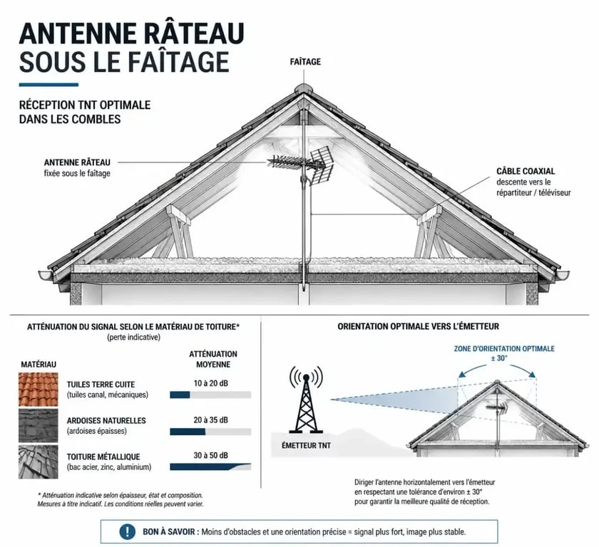 Schéma d'installation d'une antenne TNT sous toiture montrant l'orientation et les matériaux influençant la réception.