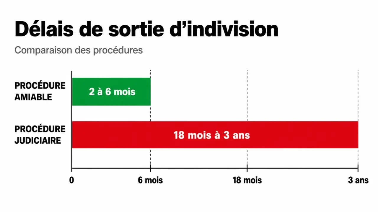 Infographie comparant les délais de sortie d'indivision amiable et judiciaire pour comprendre combien de temps pour sortir de l'indivision.