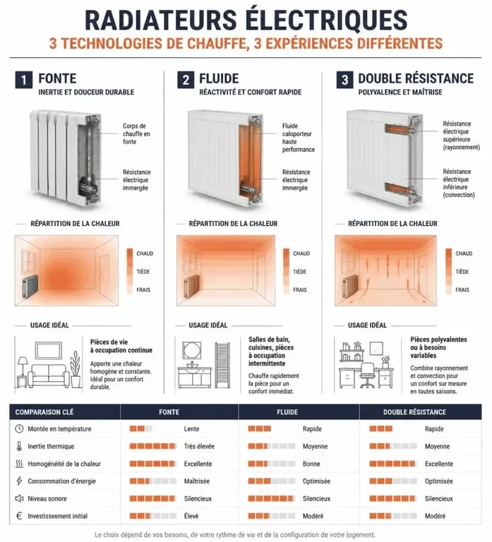 Comparatif des technologies de radiateur connecté Thermor : fonte, fluide et double corps
