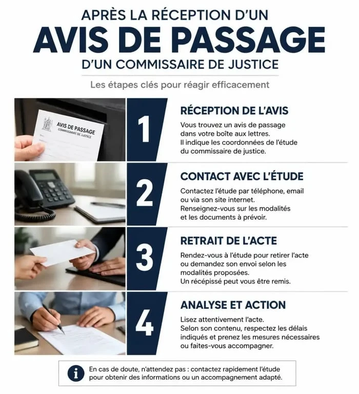 Infographie des étapes à suivre après la réception d'un avis de passage d'huissier ou commissaire de justice