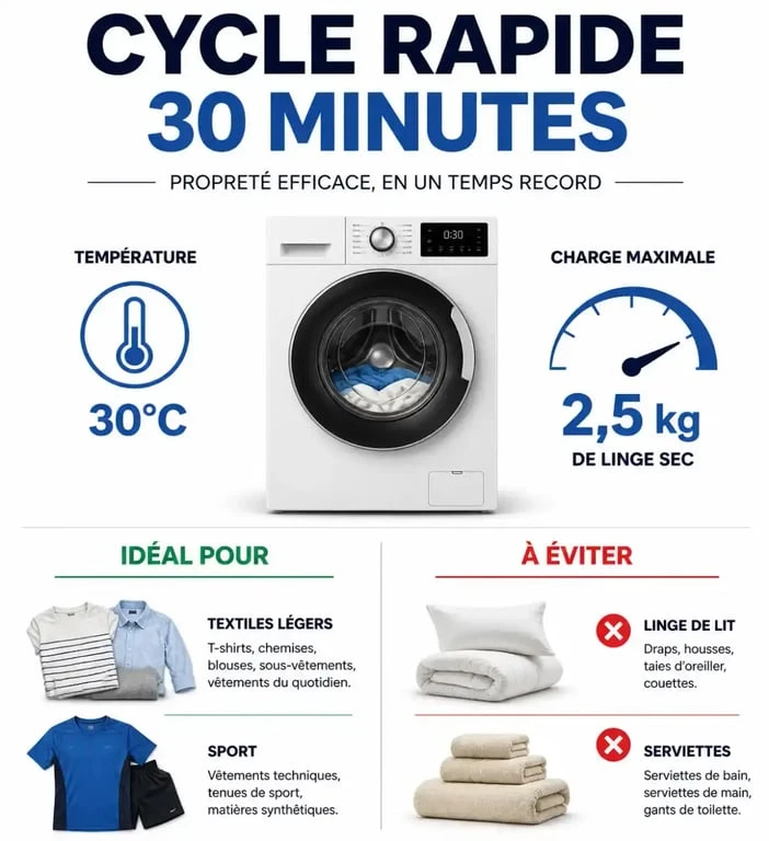 Infographie explicative sur le fonctionnement et les limites du lavage rapide 30 minutes pour lave-linge.
