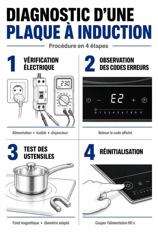 Infographie diagnostic panne plaque induction et étapes de dépannage