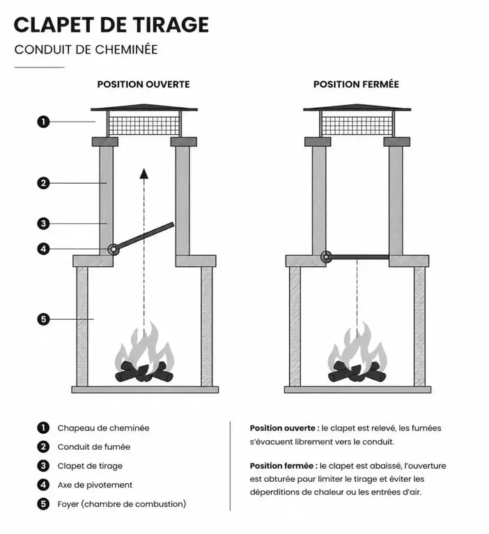 Schéma technique du fonctionnement d'un clapet de cheminée dans un conduit
