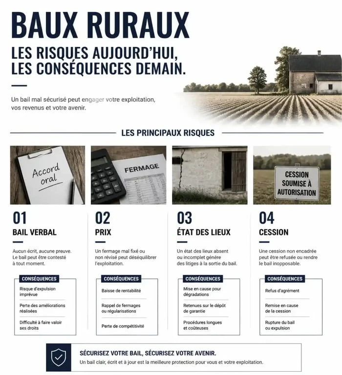 Infographie résumant les pièges des baux ruraux et les risques pour le bailleur et le preneur