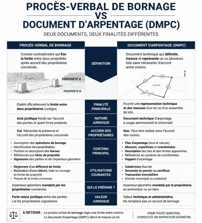 Tableau comparatif entre le procès-verbal de bornage et le document d'arpentage pour la mise à jour du cadastre