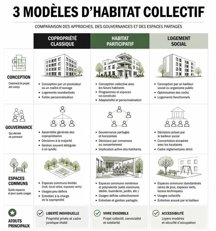 Infographie comparative des modèles d'habitat collectif : copropriété, habitat participatif et logement social.