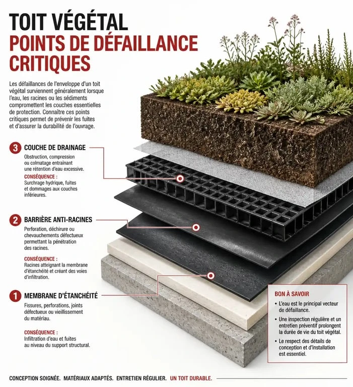 Schéma technique des risques et inconvénients d'un toit végétalisé, montrant les points de vigilance sur l'étanchéité et la structure.
