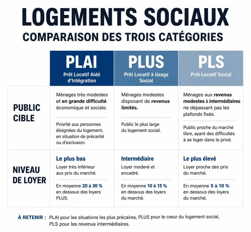 Infographie comparative des catégories de logement social PLAI, PLUS et PLS